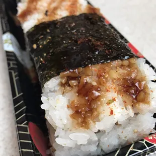 Sono doesn&apos;t play with their spam masubis! Fully loaded with two rice layers, spam slab, and seaweed! Yummy!