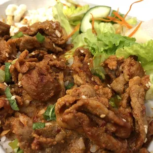 Spicy pork over rice with lukewarm mac salad and wilted salad.