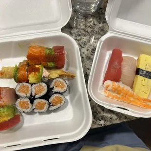 Left: Sonobana Roll, Fresh Salmon Roll Right: Sakura Nigiri Combo