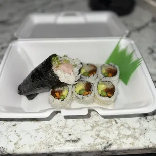 Yellowtail hand roll veggie roll #1 with avocado