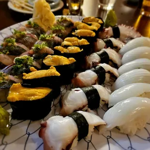 12. Aji (Spanish Mackerel) (Gluten-Free) 19. Tako (Octopus) (Gluten-Free) (Cooked) 20. Ika (Squid) (Gluten-Free) 27. Uni (Sea Urchin)