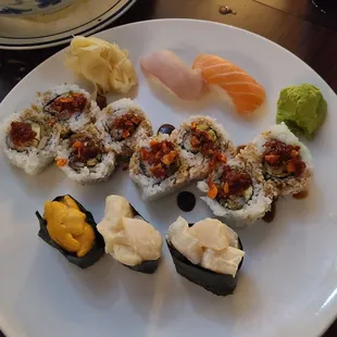 Mikes roll.  Yellowtail. Salmon. Uni. Scallops.