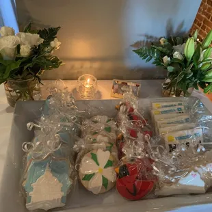 a tray of cookies and flowers