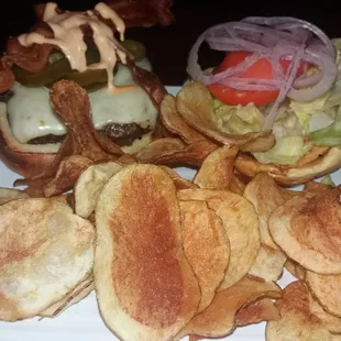 Dynamite Burger with chips.