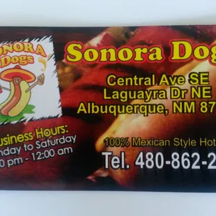 business card for a hot dog
