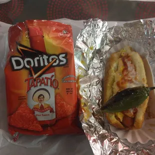a bag of doritos and a hot dog