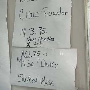 Sweet Masa and dried chiles sold here. As well as the hojas for making tamales.