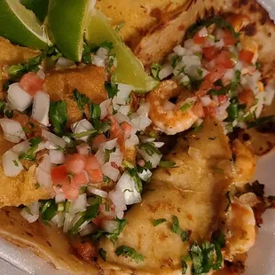 Shrimp,fish gobernado and quesabirria tacos