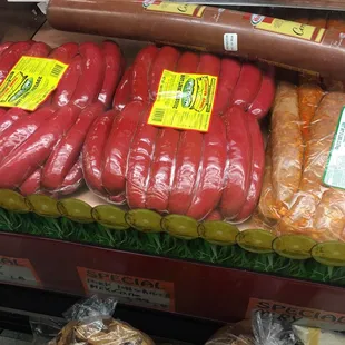 a variety of sausages on display