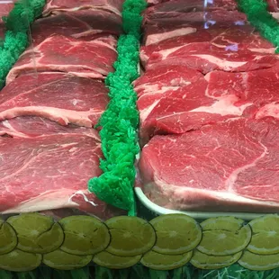 a display of raw meat