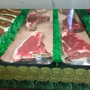 a display of raw meat
