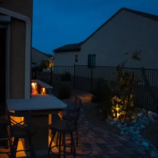 a patio at night