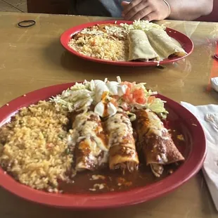 Chicken Enchiladas, rice, beans &amp; steak burritos, beans, rice