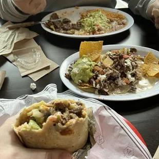 Meat burrito, carne asada nachos and the carne asada meat plate