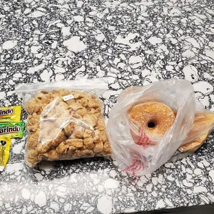 Sugar donuts, chicharrones, and candy