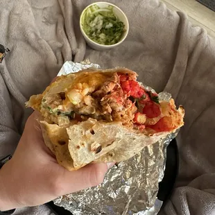 Meat Burrito- Chose Pulled chicken for the meat  + Guac