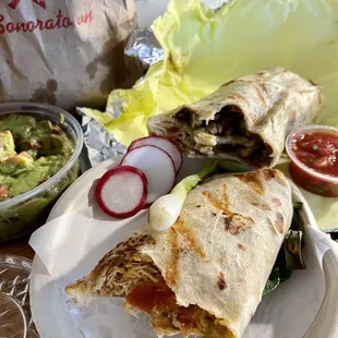 Chivi Pollo, Burrito Costilla, guacamole, red salsa