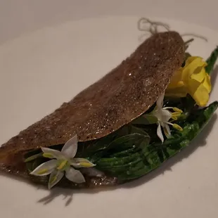 Friday, September 13th, 2024 - Tasting Menu - Summer 2024 ($295) - House milled rye Tunnbrod with smoked scallop, pea shoots and sorrel