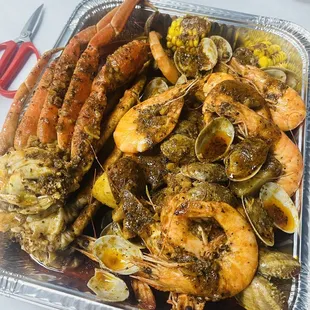 Combo #2 with snow crab, shrimp, clams, potatoes, sausage and corn.