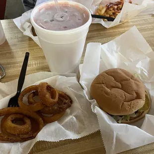 Single charburger, onion rings and a cherry limeade