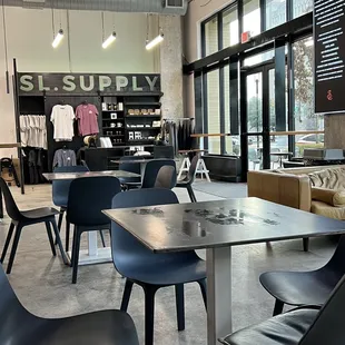 tables and chairs in a coffee shop