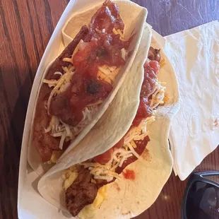 Bacon and egg breakfast tacos.