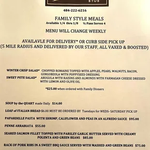 menu for family style meals