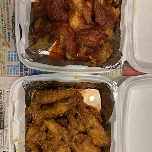 Top: wings with old fashioned sauce Bottom: tenders with soga sauce