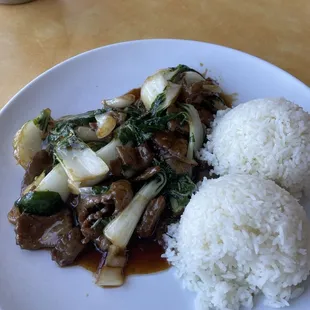 Solid rice plate with Chinese veggie (bok choy) and beef.