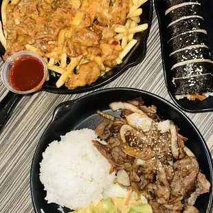 Soo Ja Fries (chicken), Spam &amp; Kimchi Kimbap, &amp; Bulgogi Plate