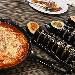 Spicy Rice Cake, Spicy Tuna Roll, Bulgogi Roll, Kimchi Spam Roll