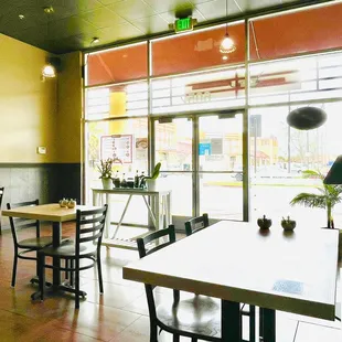 tables and chairs in a restaurant