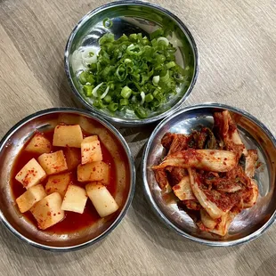 Kimchi, radish, and green onion garnish