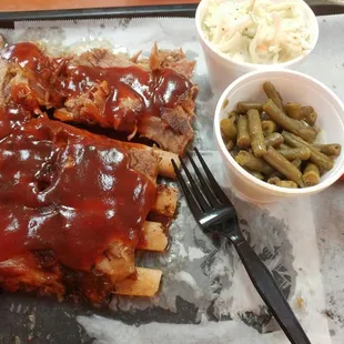 Half-rack of ribs with slaw &amp; green beans.   Yes, that's a cafeteria tray masquerading as a plate - Amazing!