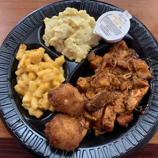 Pulled BBQ Chicken Platter, Mac &amp; Cheese, Hushpuppies and potato salad