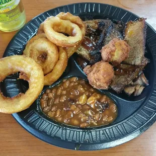 Sooett Brisket, off the hook, baked beans and onion rings