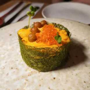 Uni bowl, sea urchin, smoked trout roe, seaweed pureed rice, gamtae