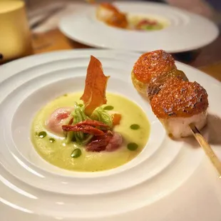 Scallop, Korean melon gazpacho, prosciutto,  Persian cucumber, heirloom tomato