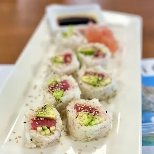 Custom Roll - Tuna, Cucumber and Avocado wrapped in Soy Paper