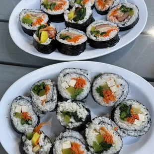 Veggie gimbap, spam and kimchi gimbap