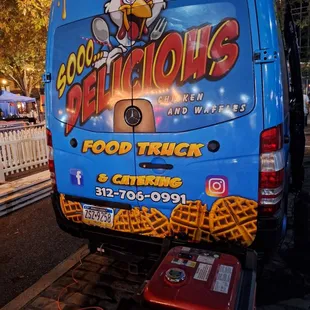 the back of a blue van