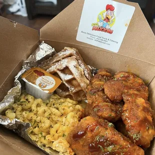 Fried chicken, Cornbread Waffles, and  Mac &amp; Cheese