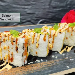 a close up of a piece of sushi