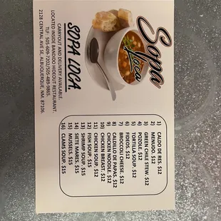 a menu for soup and bread