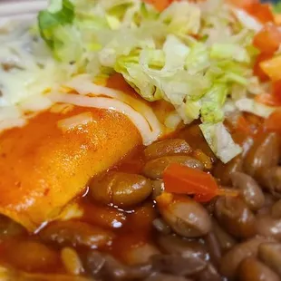Fresh beans and rice, chicken enchilada