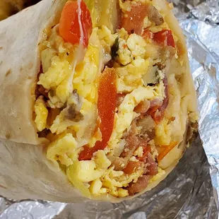 Bacon, egg, and cheese breakfast burrito.