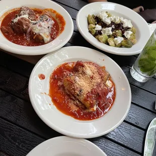 Eggplant, meatballs, Brussels sprouts