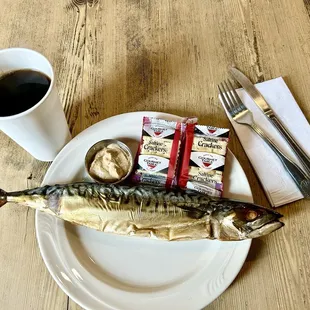 Smoked mackerel and a hot black coffee.