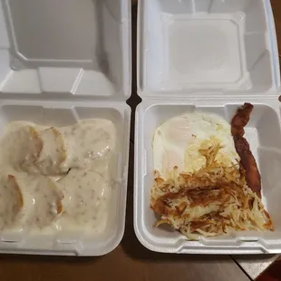 Biscuits and Gravy (3pc) with Eggs, Bacon, and Hash Browns. (I ate some of the bacon already)