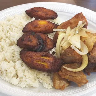 Fried Pork &amp; Plaintains + Rice &amp; Beans (not shown) = $8 = Yummy!